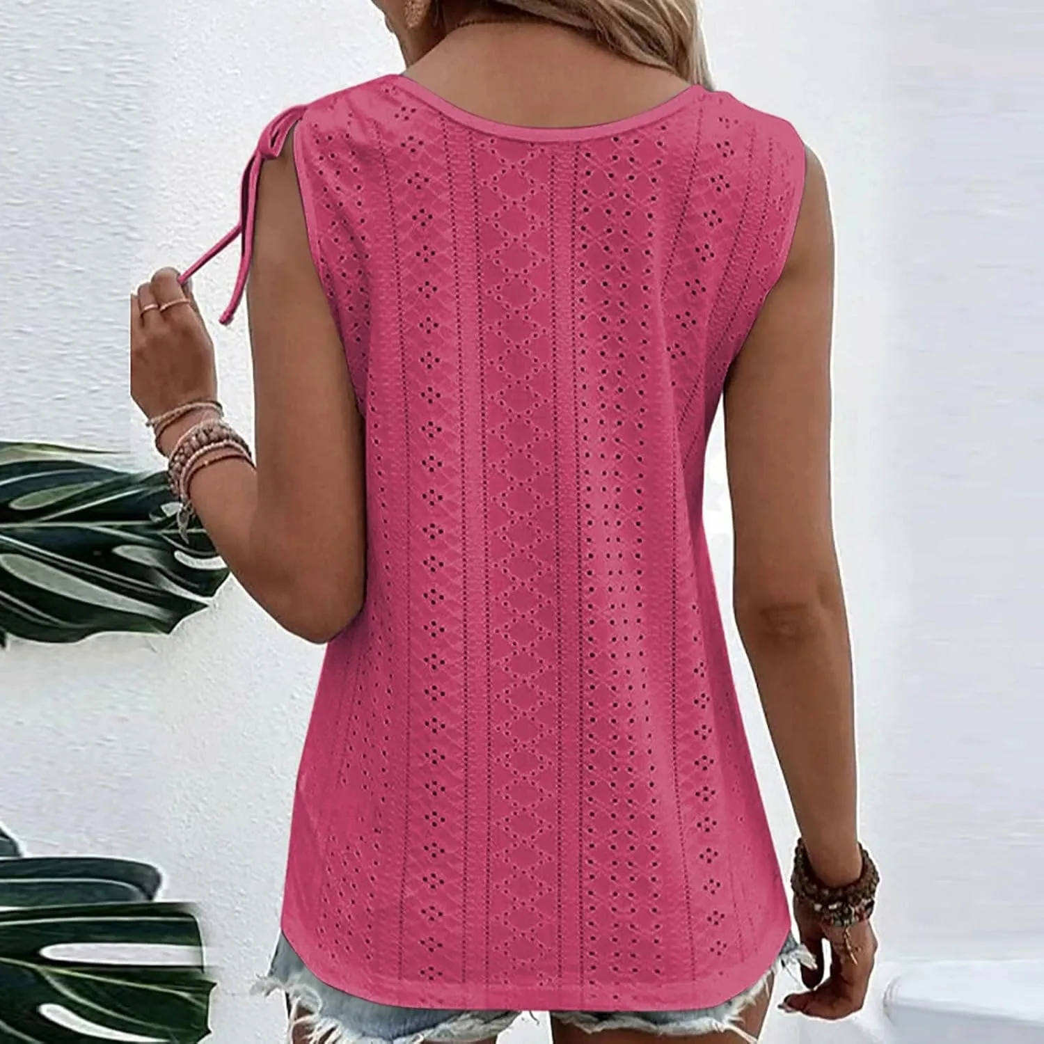 Women Sleeveless Eyelet Tops Scoop Neck Blouse Button Front Tie-Shoulder Shirt Summer Tanks Casual Pullover Tees