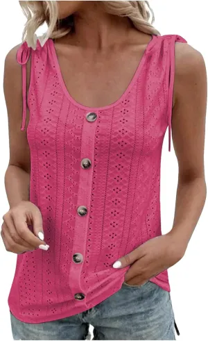 Women Sleeveless Eyelet Tops Scoop Neck Blouse Button Front Tie-Shoulder Shirt Summer Tanks Casual Pullover Tees