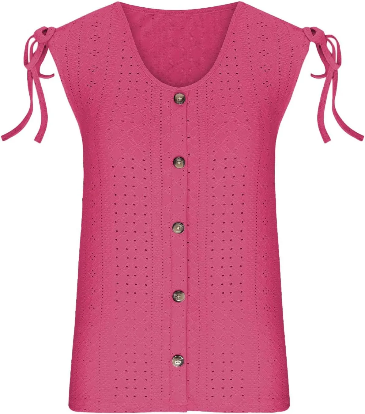 Women Sleeveless Eyelet Tops Scoop Neck Blouse Button Front Tie-Shoulder Shirt Summer Tanks Casual Pullover Tees
