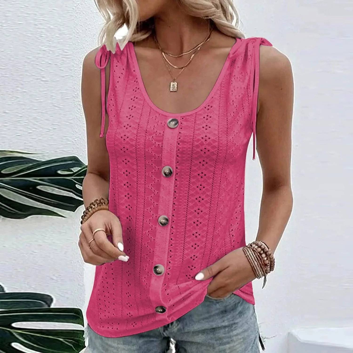 Women Sleeveless Eyelet Tops Scoop Neck Blouse Button Front Tie-Shoulder Shirt Summer Tanks Casual Pullover Tees