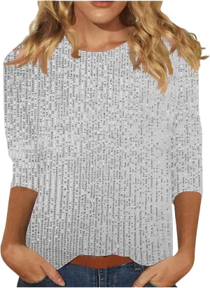 Women Sparkle Sequins 3/4 Sleeve Tee Tops Dressy Causal Crewneck T-Shirts Summer Glitter Party Club Holiday Blouses