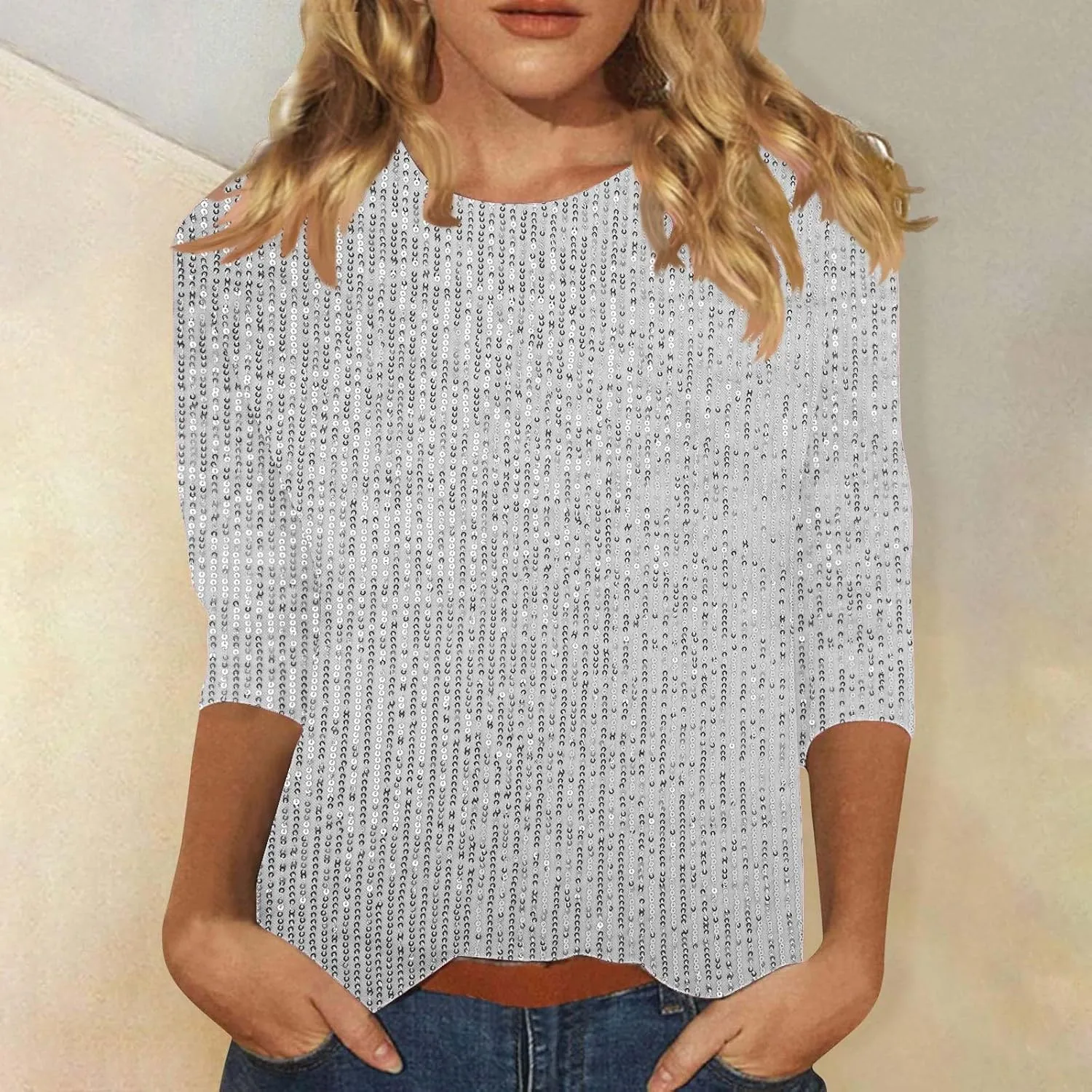 Women Sparkle Sequins 3/4 Sleeve Tee Tops Dressy Causal Crewneck T-Shirts Summer Glitter Party Club Holiday Blouses