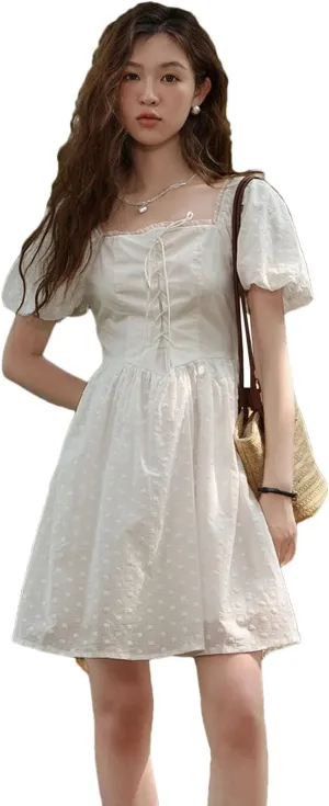 Women Square Neck Lace Dress Lace Up Waist Slim French A-LINE Dresses