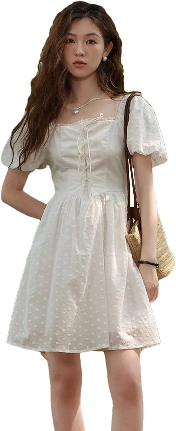 Women Square Neck Lace Dress Lace Up Waist Slim French A-LINE Dresses