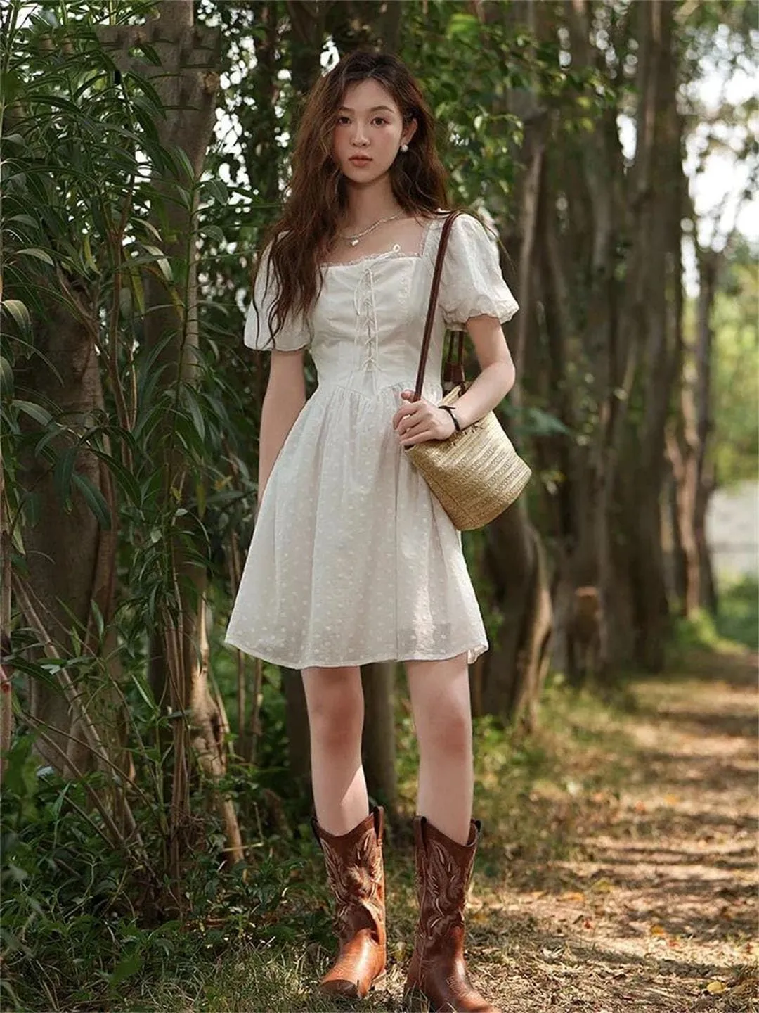 Women Square Neck Lace Dress Lace Up Waist Slim French A-LINE Dresses