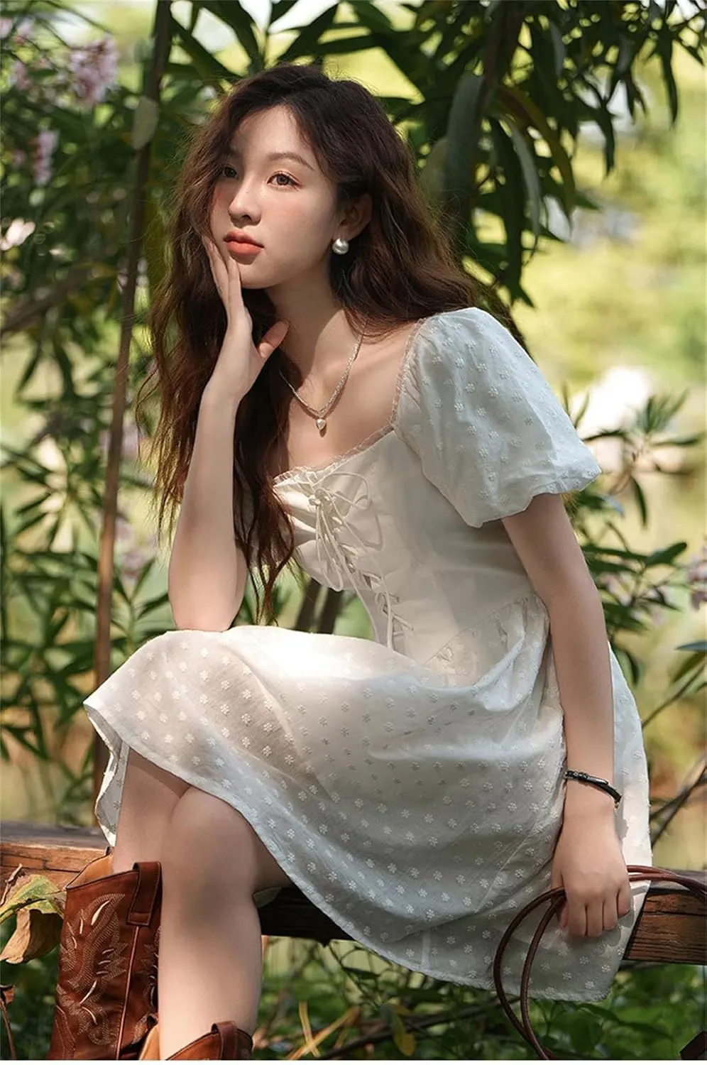 Women Square Neck Lace Dress Lace Up Waist Slim French A-LINE Dresses
