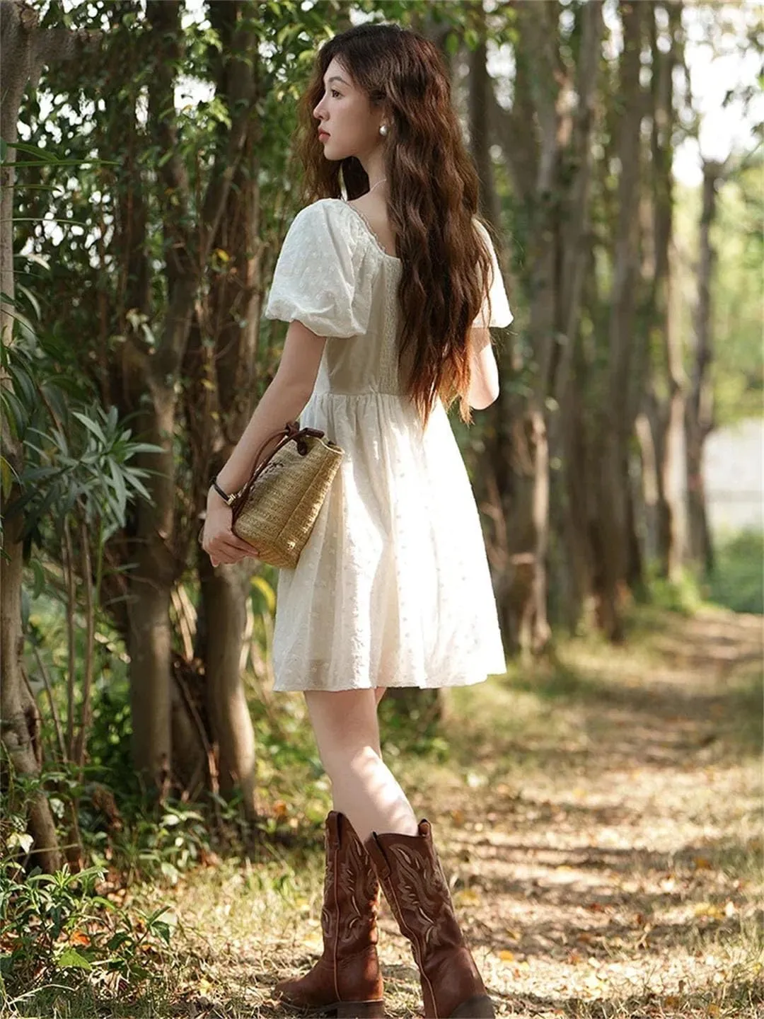 Women Square Neck Lace Dress Lace Up Waist Slim French A-LINE Dresses