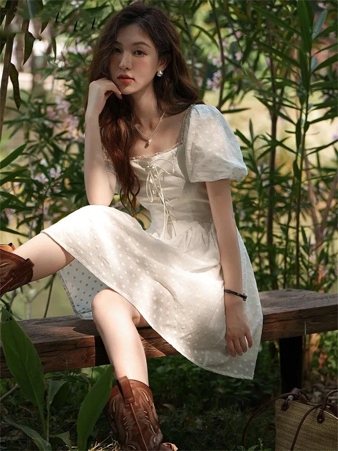 Women Square Neck Lace Dress Lace Up Waist Slim French A-LINE Dresses
