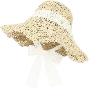 Women Straw Sun Hat with Lace Band Foldable Beach Hat Wide Brim Floppy (Lace Beige)