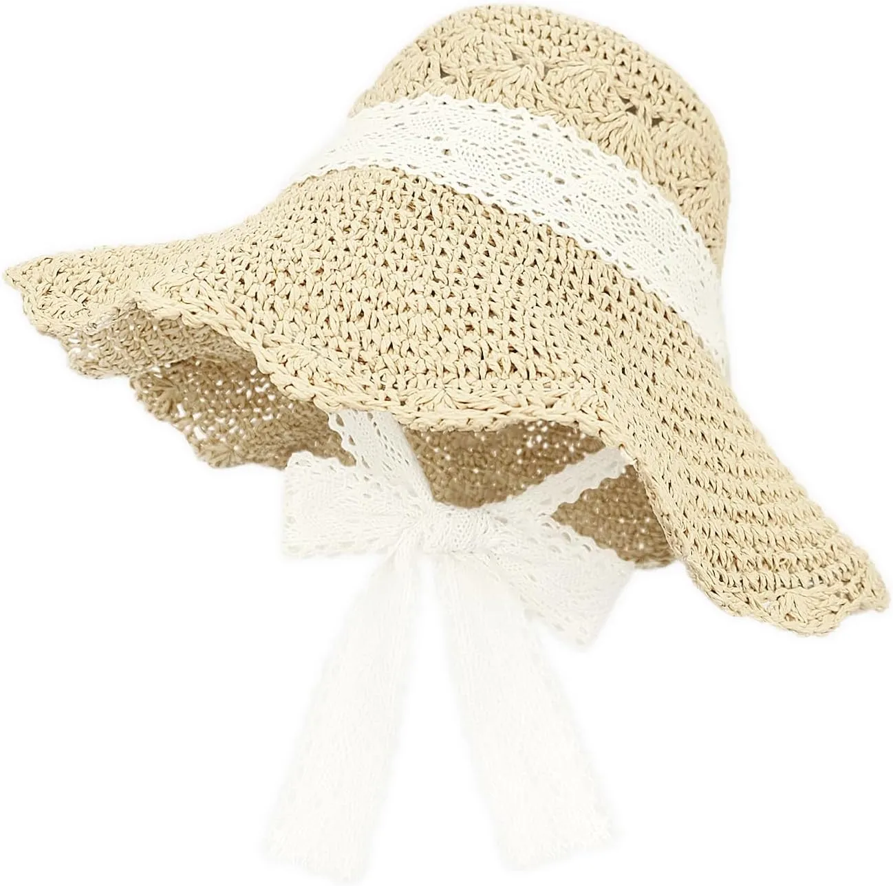 Women Straw Sun Hat with Lace Band Foldable Beach Hat Wide Brim Floppy (Lace Beige)