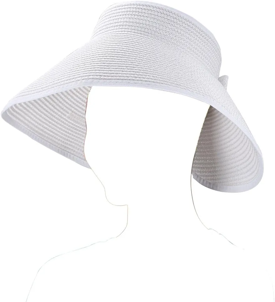 Women Summer Foldable Straw Wide Brim Visor Sun Hat with Cute Bowtie