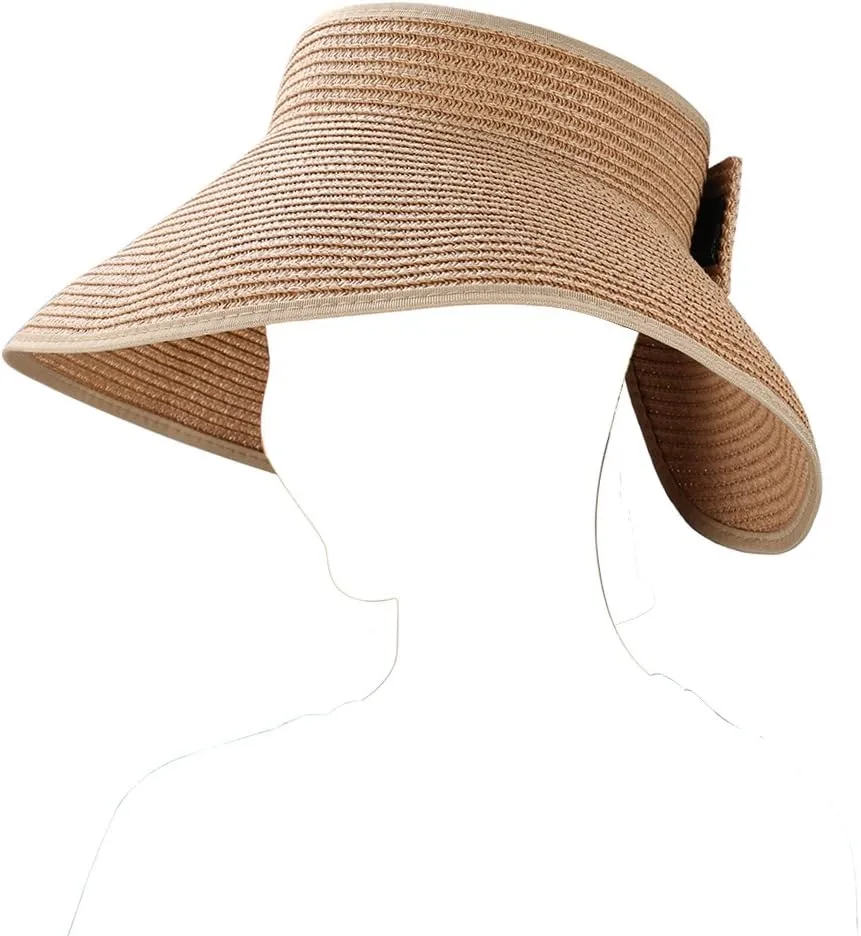 Women Summer Foldable Straw Wide Brim Visor Sun Hat with Cute Bowtie