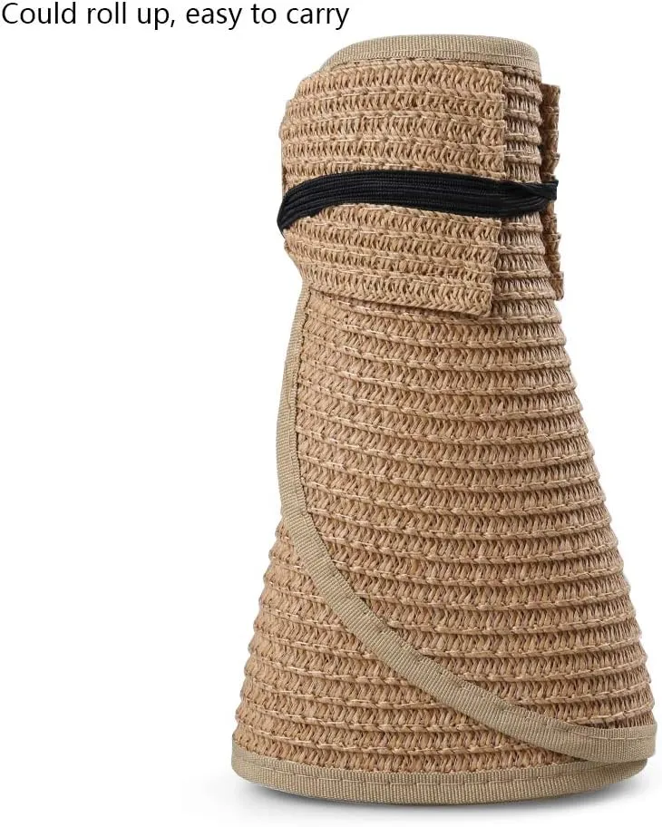 Women Summer Foldable Straw Wide Brim Visor Sun Hat with Cute Bowtie