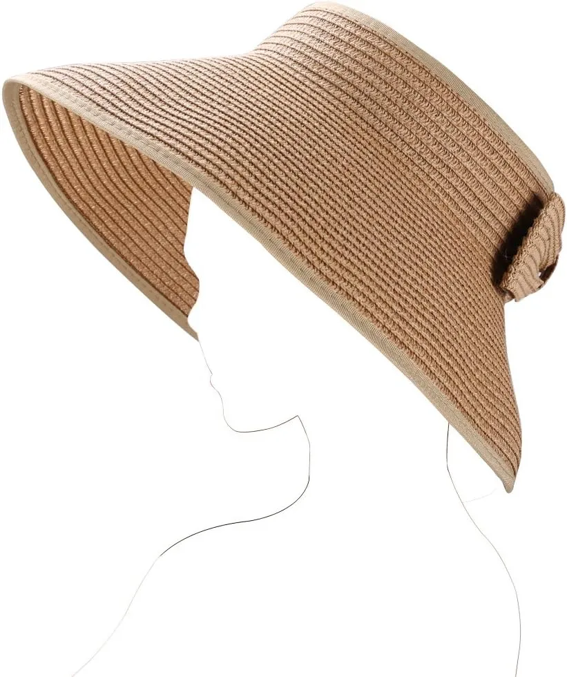 Women Summer Foldable Straw Wide Brim Visor Sun Hat with Cute Bowtie