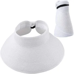 Women Summer Foldable Straw Wide Brim Visor Sun Hat with Cute Bowtie