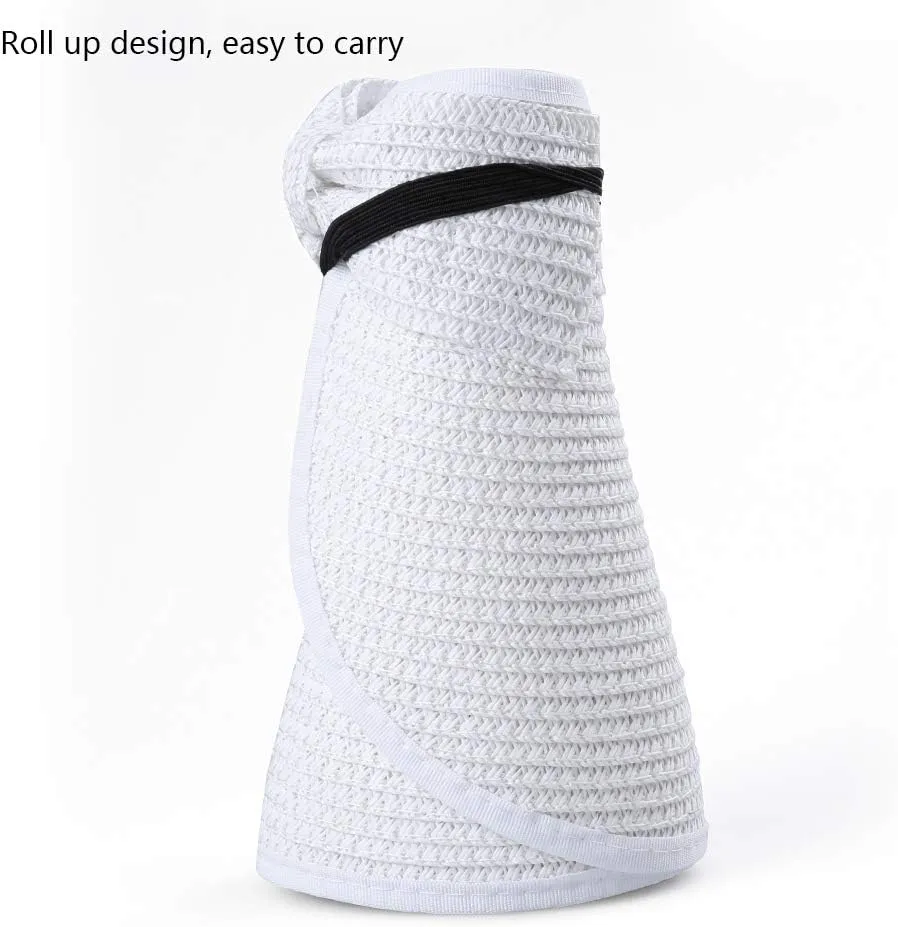 Women Summer Foldable Straw Wide Brim Visor Sun Hat with Cute Bowtie