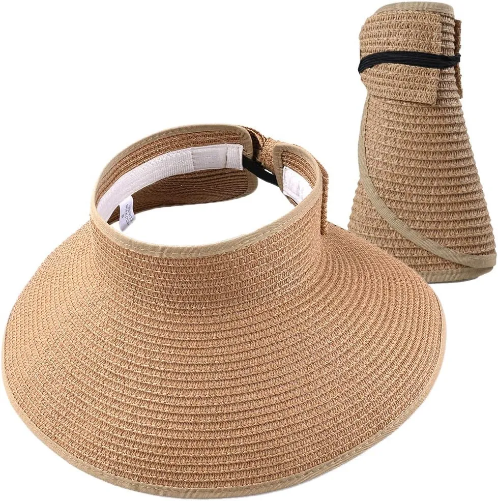 Women Summer Foldable Straw Wide Brim Visor Sun Hat with Cute Bowtie