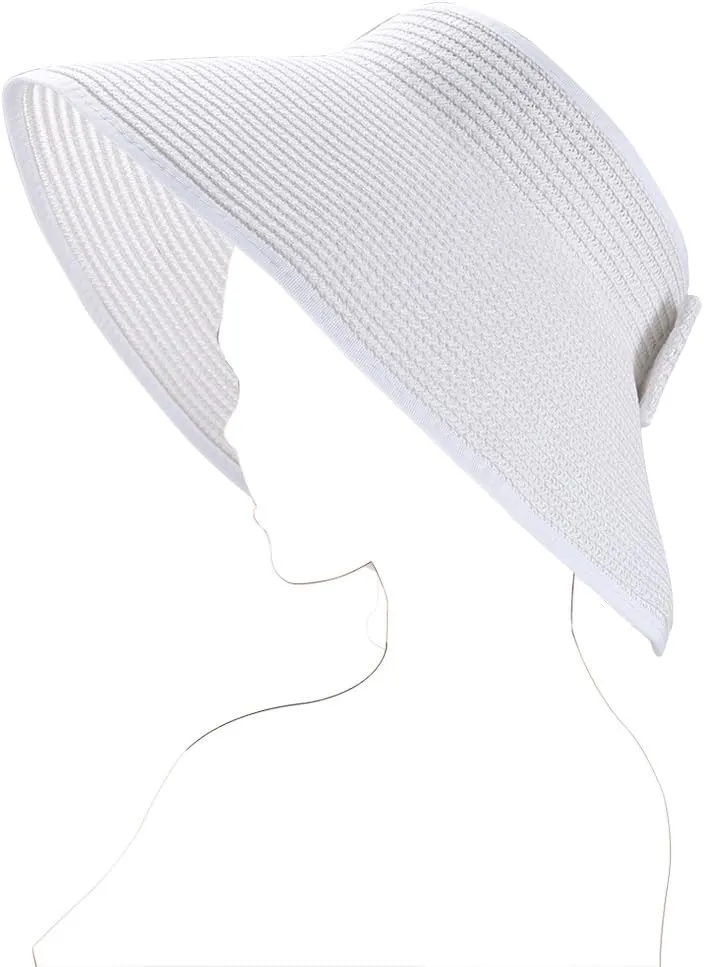Women Summer Foldable Straw Wide Brim Visor Sun Hat with Cute Bowtie