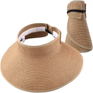 Women Summer Foldable Straw Wide Brim Visor Sun Hat with Cute Bowtie