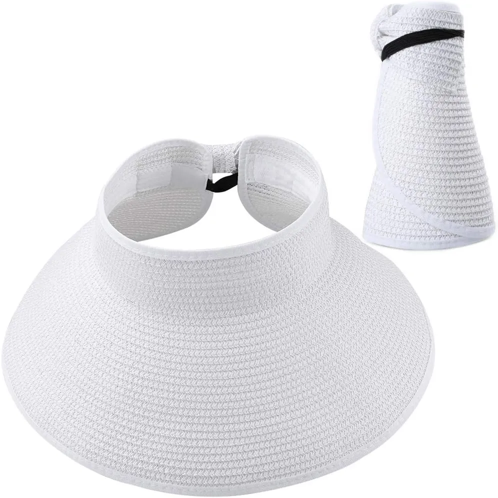 Women Summer Foldable Straw Wide Brim Visor Sun Hat with Cute Bowtie