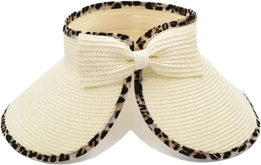 Women Sun Visors Wide Brim Straw Hats Packable Summer Beach Leopard Bow Ponytail Sun Visor Hats