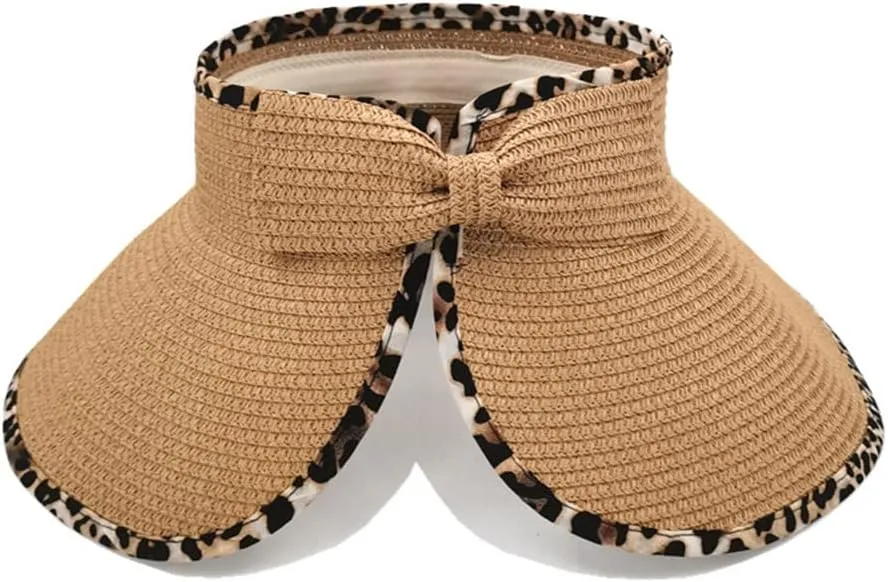 Women Sun Visors Wide Brim Straw Hats Packable Summer Beach Leopard Bow Ponytail Sun Visor Hats