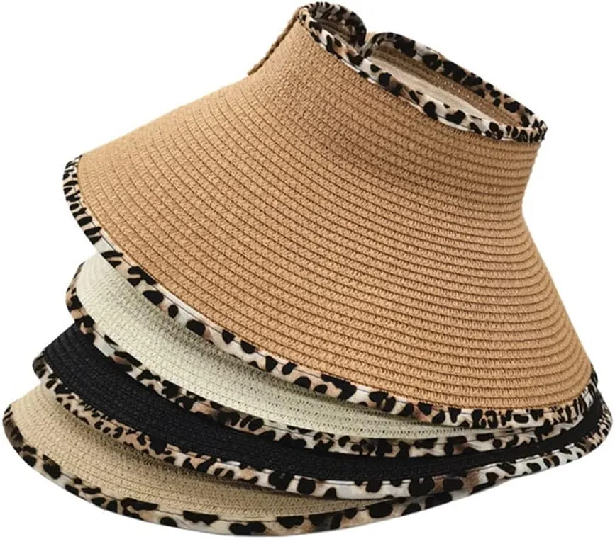 Women Sun Visors Wide Brim Straw Hats Packable Summer Beach Leopard Bow Ponytail Sun Visor Hats