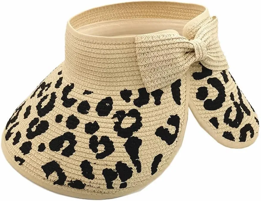 Women Sun Visors Wide Brim Straw Hats Packable Summer Beach Leopard Bow Ponytail Sun Visor Hats