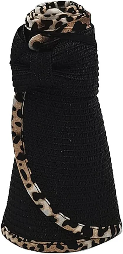 Women Sun Visors Wide Brim Straw Hats Packable Summer Beach Leopard Bow Ponytail Sun Visor Hats