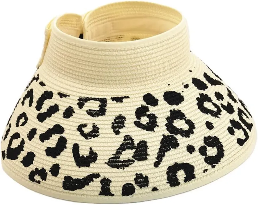 Women Sun Visors Wide Brim Straw Hats Packable Summer Beach Leopard Bow Ponytail Sun Visor Hats