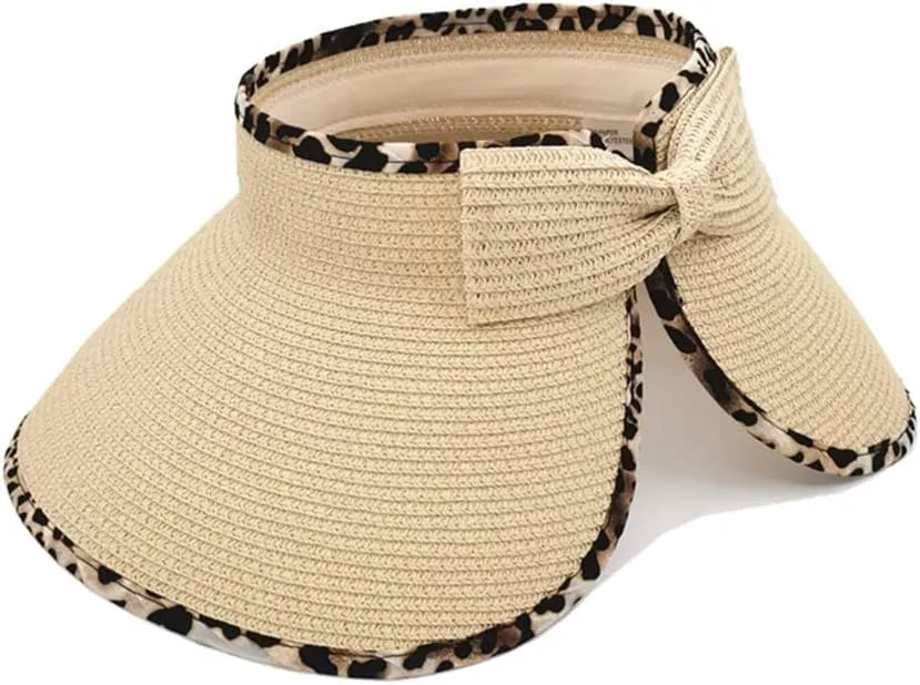 Women Sun Visors Wide Brim Straw Hats Packable Summer Beach Leopard Bow Ponytail Sun Visor Hats