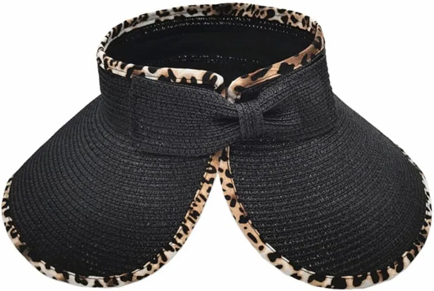 Women Sun Visors Wide Brim Straw Hats Packable Summer Beach Leopard Bow Ponytail Sun Visor Hats