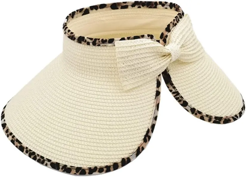 Women Sun Visors Wide Brim Straw Hats Packable Summer Beach Leopard Bow Ponytail Sun Visor Hats