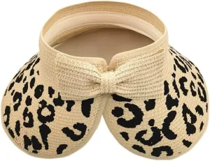 Women Sun Visors Wide Brim Straw Hats Packable Summer Beach Leopard Bow Ponytail Sun Visor Hats
