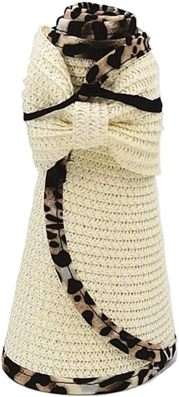 Women Sun Visors Wide Brim Straw Hats Packable Summer Beach Leopard Bow Ponytail Sun Visor Hats