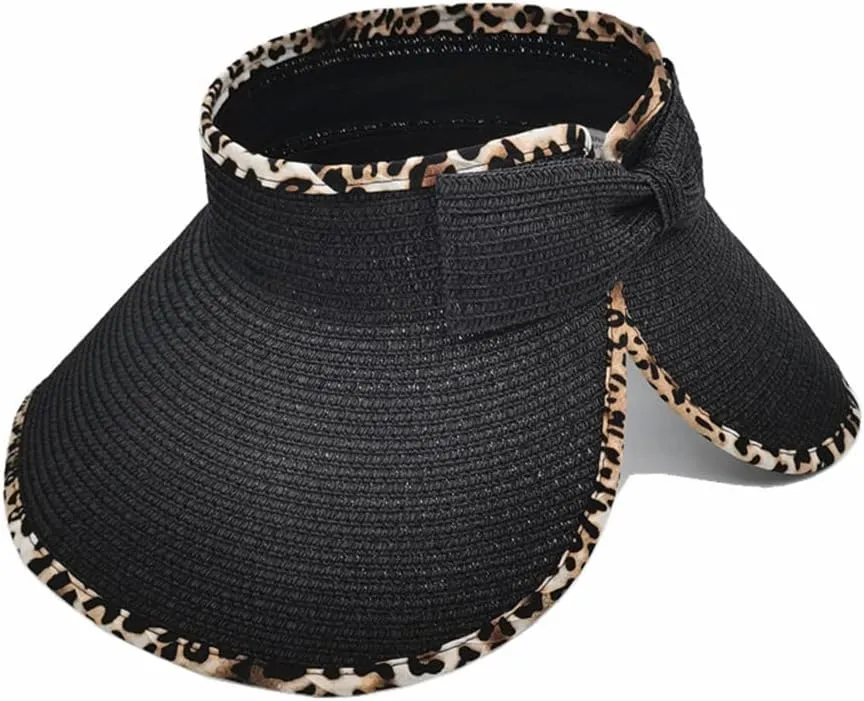 Women Sun Visors Wide Brim Straw Hats Packable Summer Beach Leopard Bow Ponytail Sun Visor Hats