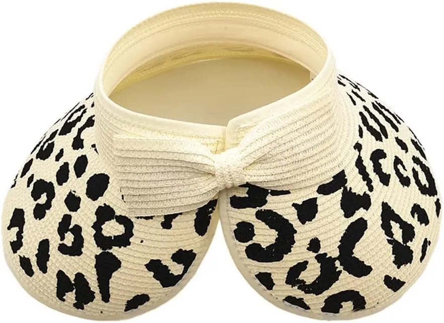 Women Sun Visors Wide Brim Straw Hats Packable Summer Beach Leopard Bow Ponytail Sun Visor Hats