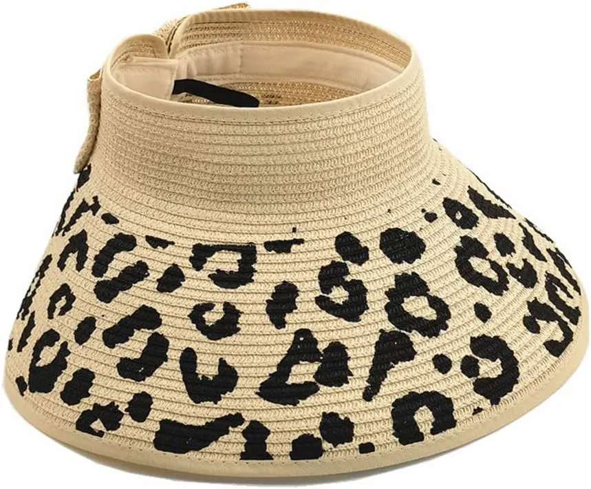 Women Sun Visors Wide Brim Straw Hats Packable Summer Beach Leopard Bow Ponytail Sun Visor Hats