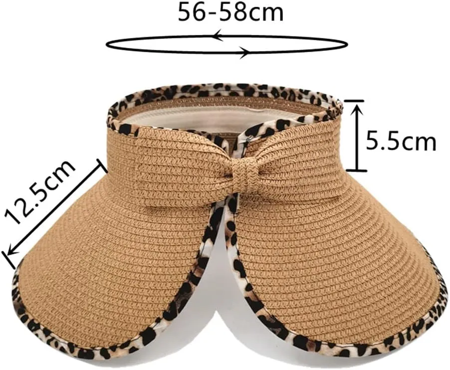 Women Sun Visors Wide Brim Straw Hats Packable Summer Beach Leopard Bow Ponytail Sun Visor Hats