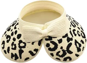 Women Sun Visors Wide Brim Straw Hats Packable Summer Beach Leopard Bow Ponytail Sun Visor Hats