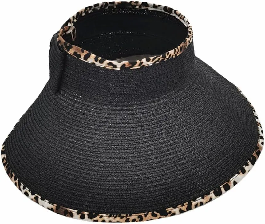 Women Sun Visors Wide Brim Straw Hats Packable Summer Beach Leopard Bow Ponytail Sun Visor Hats