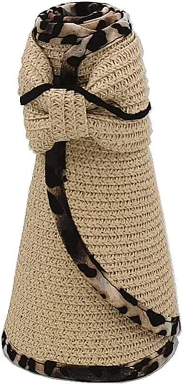 Women Sun Visors Wide Brim Straw Hats Packable Summer Beach Leopard Bow Ponytail Sun Visor Hats