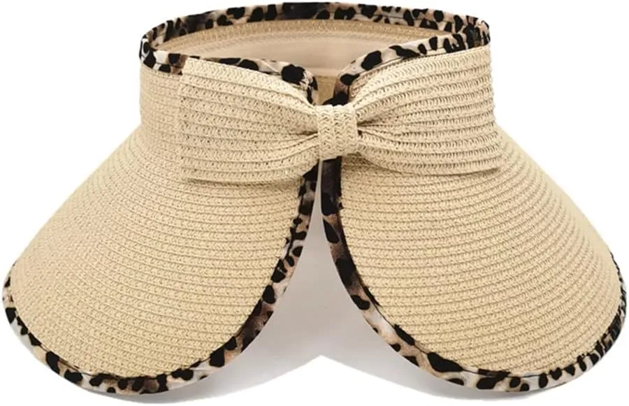 Women Sun Visors Wide Brim Straw Hats Packable Summer Beach Leopard Bow Ponytail Sun Visor Hats