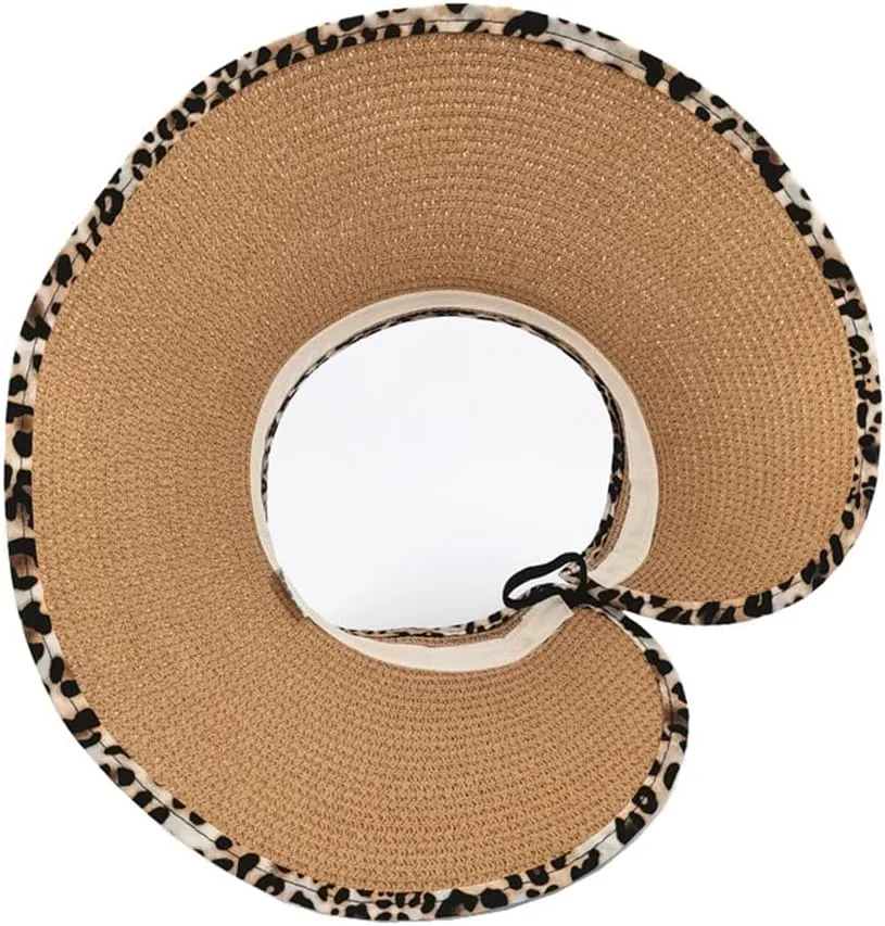 Women Sun Visors Wide Brim Straw Hats Packable Summer Beach Leopard Bow Ponytail Sun Visor Hats