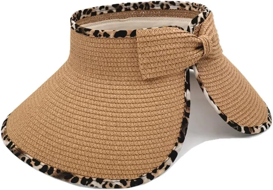 Women Sun Visors Wide Brim Straw Hats Packable Summer Beach Leopard Bow Ponytail Sun Visor Hats