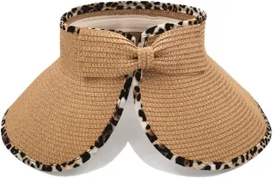 Women Sun Visors Wide Brim Straw Hats Packable Summer Beach Leopard Bow Ponytail Sun Visor Hats
