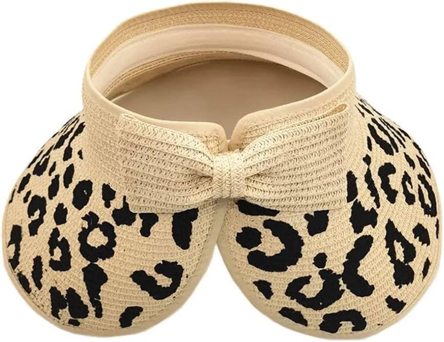 Women Sun Visors Wide Brim Straw Hats Packable Summer Beach Leopard Bow Ponytail Sun Visor Hats
