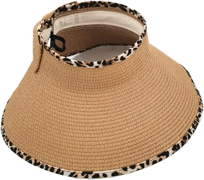 Women Sun Visors Wide Brim Straw Hats Packable Summer Beach Leopard Bow Ponytail Sun Visor Hats
