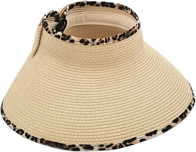 Women Sun Visors Wide Brim Straw Hats Packable Summer Beach Leopard Bow Ponytail Sun Visor Hats