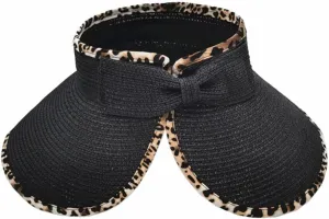 Women Sun Visors Wide Brim Straw Hats Packable Summer Beach Leopard Bow Ponytail Sun Visor Hats